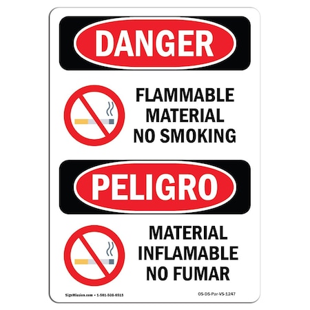 Signmission OSHA, Flammable Material No Smoking Bilingual, 18in X 12in Rigid Plastic, OS-DS-P-1218-VS-1247 OS-DS-P-1218-VS-1247